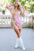 Multi-Color Abstract Print Frill Split Neck Babydoll Mini Dress